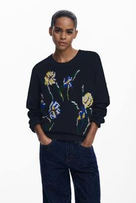 Jacquard trui met geborduurde bloemen - BLACK - XL