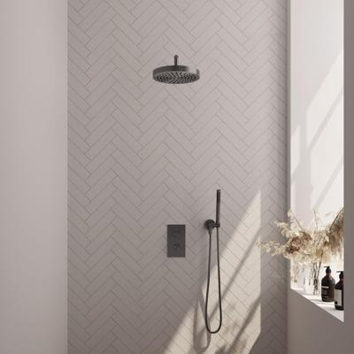 BRAUER Stripe Thermostatische Inbouw Regendouche - 3-weg - rechthoekig - 25cm douchekop - gebogen muurarm - staaf handdouche - doucheslang - wandaansluitbocht - gunmetal geborsteld PVD 5-GM-391