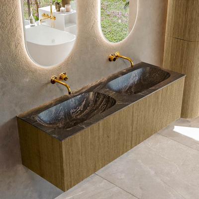 Badmeubel Mondiaz Kurve-Dlux | 140 cm cm | Meubelkleur Dusk | Wastafelkleur Lava | Solid surface | Wasbak beiden zijden spoelbak | Zonder kraangat(en)