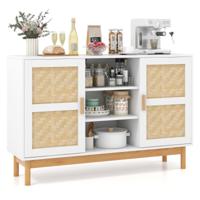 120 cm Lange Buffetkast Dressoir met 2 Bamboe Stoffen Deuren en 3 Open Planken Accentconsolekast met Opbergruimte Wit