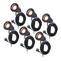 Set van 6 Sydney LED prikspots - GU10 4 Watt 345 lumen - Dimbaar - Kantelbaar - 2700K warm wit - IP65 Waterdicht - 1.5m kabel met EU-stekker - Zwart