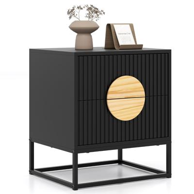 Gecombineerde Nachttafel Bijzettafel met 2 Lades Dennenhouten Grepen en Metalen Frame Moderne Mid-century Bijzettafel Zwart
