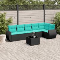 7-delige tuinbankset met kussens van zwart polyrotan