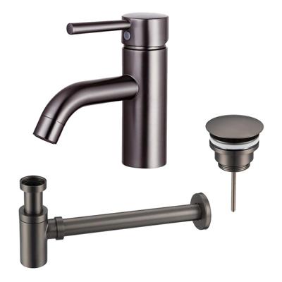 Fortifura Calvi Wastafelkraanset - lage wastafelkraan - always open plug - verlaagde design sifon - Geborsteld Gunmetal PVD SW766540/SW769487/SW767295