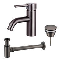 Fortifura Calvi Wastafelkraanset - lage wastafelkraan - always open plug - verlaagde design sifon - Geborsteld Gunmetal PVD SW766540/SW769487/SW767295
