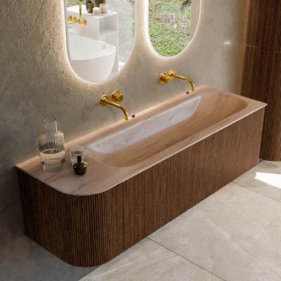 Badmeubel Mondiaz Kurve-Dlux | 145 cm | Meubelkleur Walnut | Wastafelkleur Saba | Solid surface | Wasbak rechter zijde spoelbak | Zonder kraangat(en)