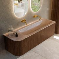 Badmeubel Mondiaz Kurve-Dlux | 145 cm | Meubelkleur Walnut | Wastafelkleur Saba | Solid surface | Wasbak rechter zijde spoelbak | Zonder kraangat(en)