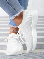 Mesh Platform Solid Color Lace-Up Flyknit Lightweight Soft Sole Slip-On Sneakers - thumbnail