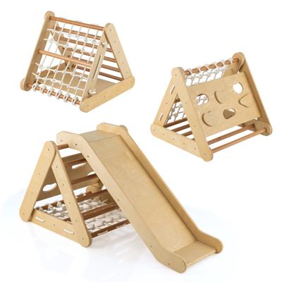 4-in-1 Klimdriehoek met Glijbaan Houten Klimrek Sprossendriehoek om te Glijden en te Klimmen voor Peuters vanaf 1 Jaar