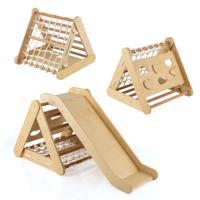 4-in-1 Klimdriehoek met Glijbaan Houten Klimrek Sprossendriehoek om te Glijden en te Klimmen voor Peuters vanaf 1 Jaar