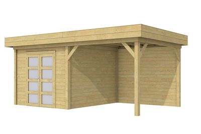 Blokhut Bosuil 300x300 cm + overkapping 400 cm - Geïmpregneerd- Plat dak- Geïmpregneerd vurenhout- Woodvision