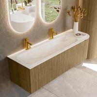 Badmeubel Mondiaz Kurve-Dlux | 145 cm cm | Meubelkleur Dusk | Wastafelkleur Ostra | Solid surface | Wasbak links zijde spoelbak | 2 kraangaten