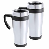 RVS thermosbeker/warmhoud koffiebeker - 2x stuks - zwart - 500 ml - Isoleerbekers/reisbekers