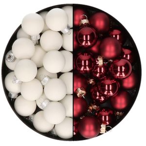 Mini kerstballen - 48x st - donkerrood en satijn wit - 2,5 cm - glas