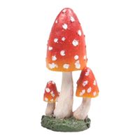 Decoratie huis/tuin beeldje paddenstoelen - hoge hoed - vliegenzwammen - rood/wit - 10 cm   -