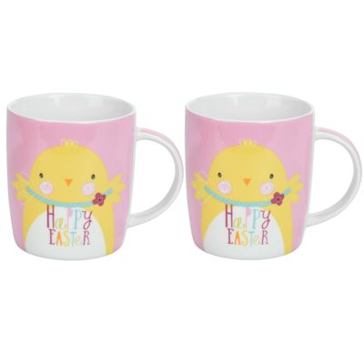 Set van 2x Pasen thema mok met paaskuiken - roze - porselein - 370 ml