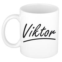 Viktor Naam koffiemok - beker - met sierlijke letters - wit - 300 ml - Cadeau - Heren