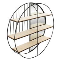 Wandkastje met spiegel - zwart - metaal - rond ontwerp - 3 plankjes -?58 x 39 cm