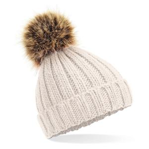 Beechfield gebreide wintermuts met bruine nep bont pompon - beige - dames/heren