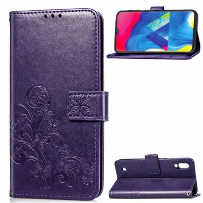 Lucky Clover ingedrukt bloemen patroon lederen draagtas voor Galaxy M10 met houder & kaartsleuven & portemonnee & hand strap (paars)