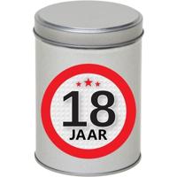 Cadeau Snoepblik - 18 jaar verjaardag - 9 x 13 cm - Cadeauverpakking- metaal - met leeftijd sticker