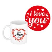 Liefste mama cadeau koffiemok - rood hartje - met I love you onderzetters - moederdag - verjaardag