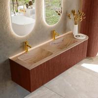 Badmeubel Mondiaz Kurve-Dlux | 155 cm | Meubelkleur Ruby | Wastafelkleur Arena | Solid surface | Dubbel / Links spoelbak | 2 kraangaten