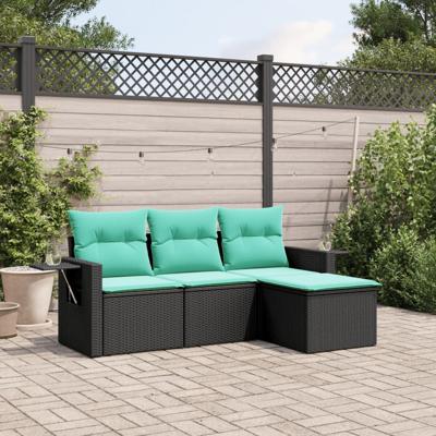 4-delige tuinbankset met kussens, zwart polyrotan