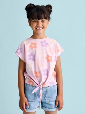 Gestreept T-shirt voor meisjes met sierstrik lavendel