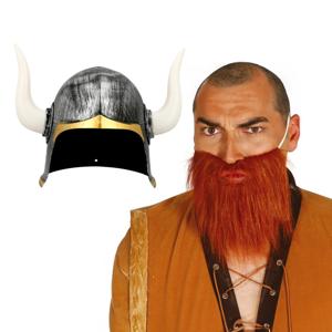 Vikingen verkleed set - 2 delig - heren - helm met hoorns - nep baard rood