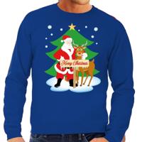 Foute kersttrui - kerstman en rendier Rudolf - blauw - voor heren - kerst sweater - thumbnail