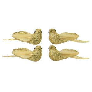 Decoris vogels op clip - 4x st - goud - 4 x 11 x 4,5 cm - foam - kerstboomversiering