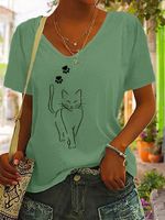 Casual V Neck Cotton Cat T-Shirt - thumbnail