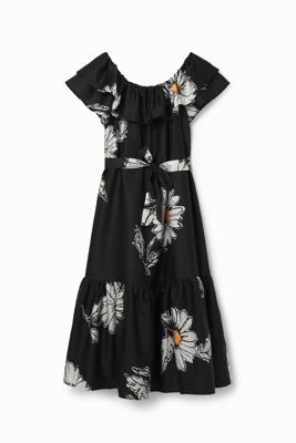 Midi-jurk ruches madeliefjes - BLACK - L
