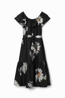 Midi-jurk ruches madeliefjes - BLACK - L