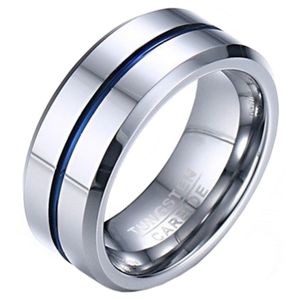Wolfraam heren ring zilverkleurig met blauwe streep