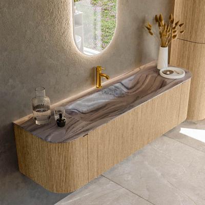 Badmeubel Mondiaz Kurve-Dlux | 160 cm | Meubelkleur Oak | Wastafelkleur Sombra | Solid surface | Wasbak midden spoelbak | 1 kraangat