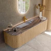 Badmeubel Mondiaz Kurve-Dlux | 160 cm | Meubelkleur Oak | Wastafelkleur Sombra | Solid surface | Wasbak midden spoelbak | 1 kraangat
