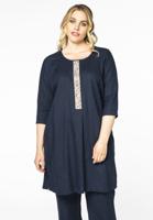 Yoek Jurk met kralen linnen | Blauw | Maat 54/56 Yoek Jurk met kralen linnen | Blauw | Maat 54/56