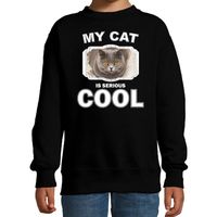 Katten liefhebber trui / sweater Britse korthaar my cat is serious cool zwart voor kinderen - thumbnail