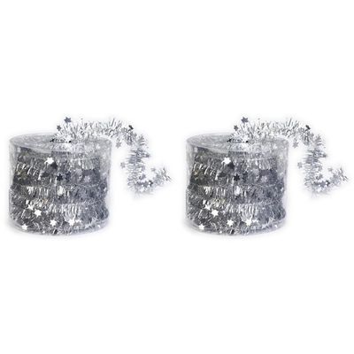 2x Dunne zilveren folie kerstslingers 3,5 x 700 cm