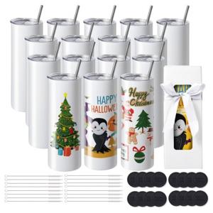 VEVOR 16-pack rechte sublimatiebekers, 20oz blanco bekers, roestvrijstalen dubbelwandige bekers met rietje, deksel, borstel, bodem, krimpfolie, geschenkdoos, voor hittepers en warmteoverdracht