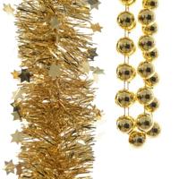 Decoris Kerstslingers - 3x stuks - goud - kralenslinger - folie slingers - sterren - kerstversiering
