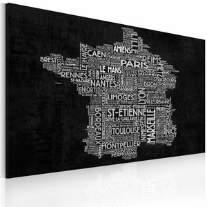 Schilderij - Kaart van Frankrijk, Zwart-Wit , wanddecoratie , premium print op canvas