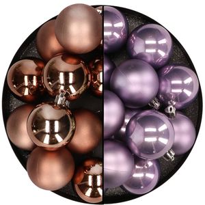 Kunststof kerstballen 6 cm - 24x stuks - bruin en lila paars - Kerstbal