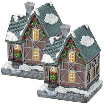 Verlicht kersthuisje - 2x - blauw dak - polystone - 13 cm - kleur veranderende lichtjes - kerstdorp