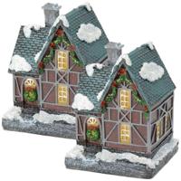 Verlicht kersthuisje - 2x - blauw dak - polystone - 13 cm - kleur veranderende lichtjes - kerstdorp
