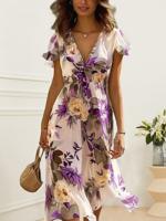 Ruffled Sleeves Elegant Floral Regular Fit Dress - thumbnail