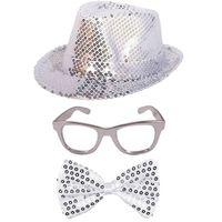 Carnaval verkleed set hoed-strikje-bril zilver glitters - Verkleedhoofddeksels - thumbnail