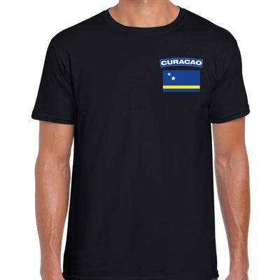 Curacao thema t-shirt - met vlag op borst - zwart - voor heren - landen shirt - supporters